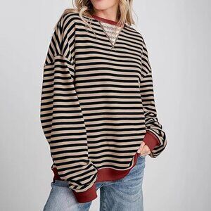 TikTok Viral Lookalike Oversized Striped Sweatshirt Tan Black Burgundy Size L